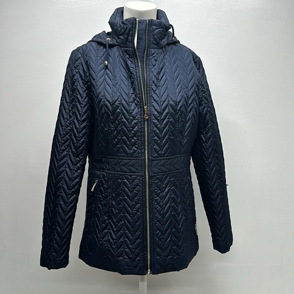 Kate Spade Jacket Coat Chevron Quilted Full Zip Hooded Navy Blue Size M Medium - Picture 2 of 10